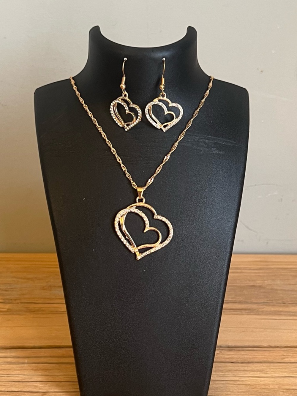 Heart Crystal Gold Tone Necklace & Earrings Jewelry Set